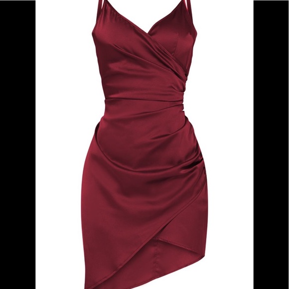 pretty little thing shape burgundy satin wrap dress Women's Something to Behold Brown Faux Leather Short Sleeve Belted Midi Dress | Size: L